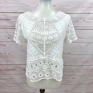 Boho Modcloth White Gauzy Cotton Geometric Guipure Sheer Crochet Lace Crop Top